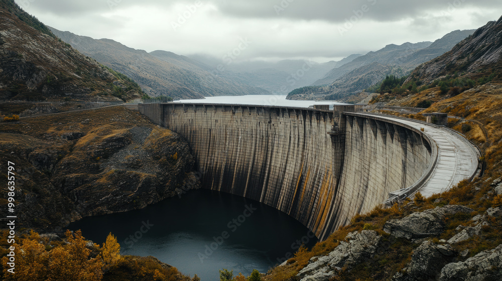massive dam holding back reservoir, surrounded by mountains and serene landscape. scene captures balance of nature and engineering, evoking sense of tranquility and strength massive dam holding back reservoir, surrounded by mountains and serene landscape. scene captures balance of nature and engineering, evoking sense of tranquility and strength