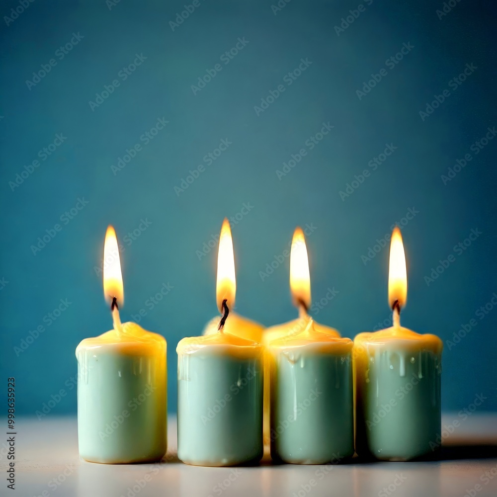 Four white candles with flickering flames are arranged in a row on a light blue background Four white candles with flickering flames are arranged in a row on a light blue background