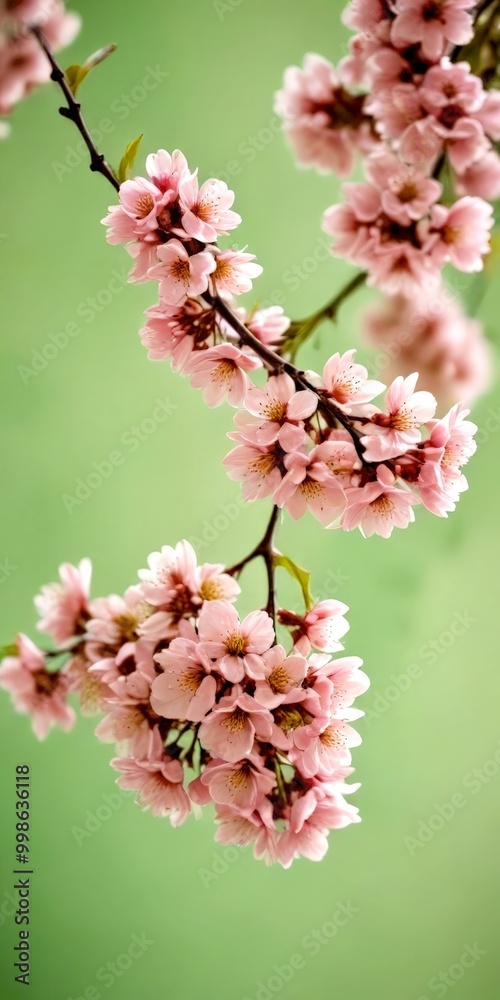 A close-up view branch with pink cherry blossoms against a green background A close-up view branch with pink cherry blossoms against a green background