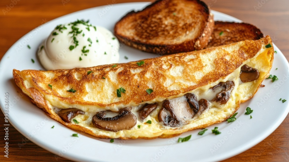 Delicious Mushroom Omelette with Toast and Cream Delicious Mushroom Omelette with Toast and Cream