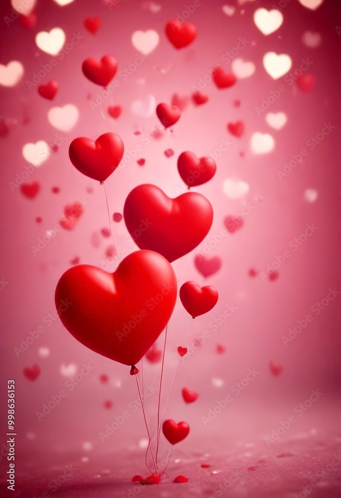 Red heart-shaped balloons float against a pink background, with smaller heart-shaped balloons scattered throughout Red heart-shaped balloons float against a pink background, with smaller heart-shaped balloons scattered throughout