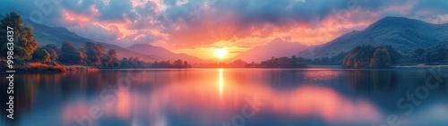 Stunning Vibrant Sunset Over Tranquil Landscape with Colorful Sky and Reflections in Water