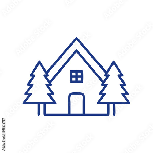 Simple blue vector forest cabin icon surrounded by trees for nature lovers
