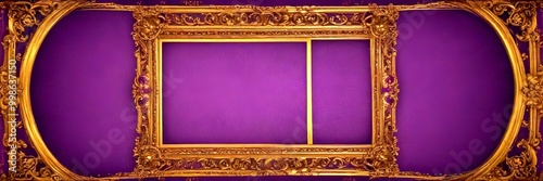 a large, ornate gold frame with three panels, each set against a purple background The top and bottom panels are empty, while the middle panel has a gold stripe running photo