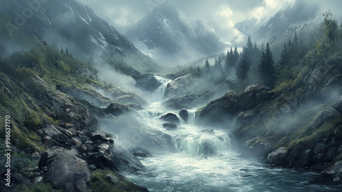 Wallpaper Mural serene mountain stream flows swiftly over rocks, surrounded by lush greenery and misty mountains. tranquil scene evokes sense of peace and natural beauty Torontodigital.ca