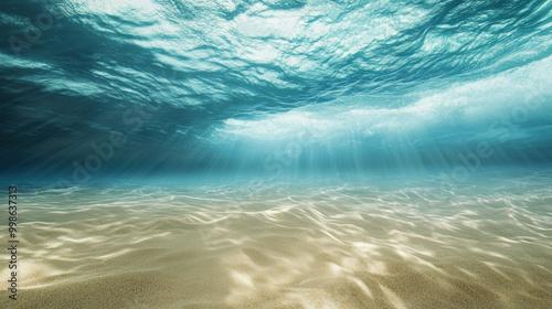 Beneath surface, powerful ocean current moves sand and life, creating serene underwater landscape filled with shimmering light and gentle waves