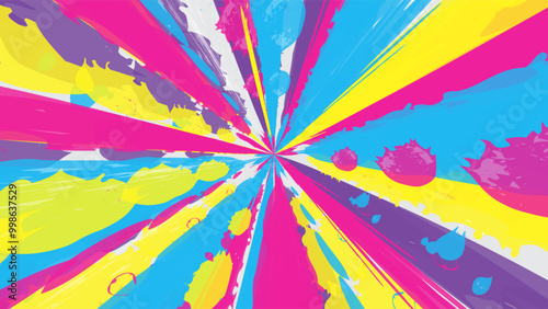 Colorful and fun abstract explosion background design radiating from the center. Bright vibrant radial burst pattern with chaotic paint splatter