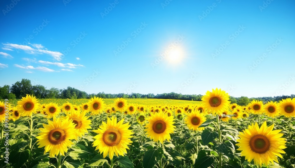 Fototapeta premium Sunflower Field. Sunflowers in Bloom. Sunflower Garden. Golden Hour Sunflowers. Sunny Sunflower Field.