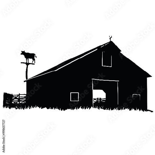 Rustic Barn with Cow silhouette  Illustration