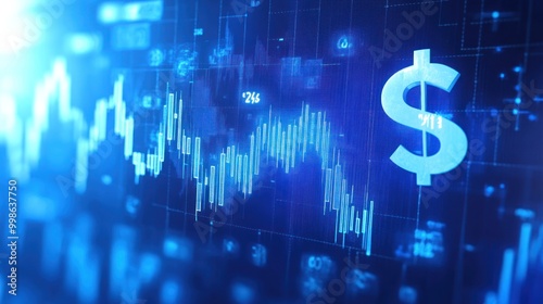 Abstract blue glowing stock market chart with dollar sign on screen.