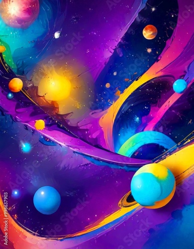 a vibrant digital artwork depicting a cosmic scene with planets, stars, and swirling cosmic energy photo