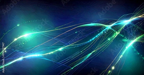 a dark background with a vibrant display of green and blue lines and lights, creating a dynamic and abstract visual effect photo