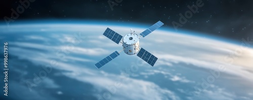 A small satellite floating on space with earth and sunlight on background