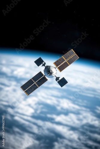 A small satellite floating on space with earth and sunlight on background