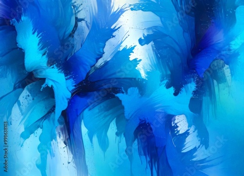 an abstract painting featuring a vibrant blue color palette with splashes of white and black, creating a dynamic and energetic composition photo