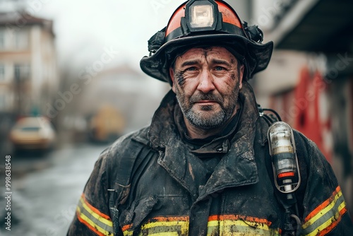 portrait of dirty firefighter man wearing his helmet and rescue uniform