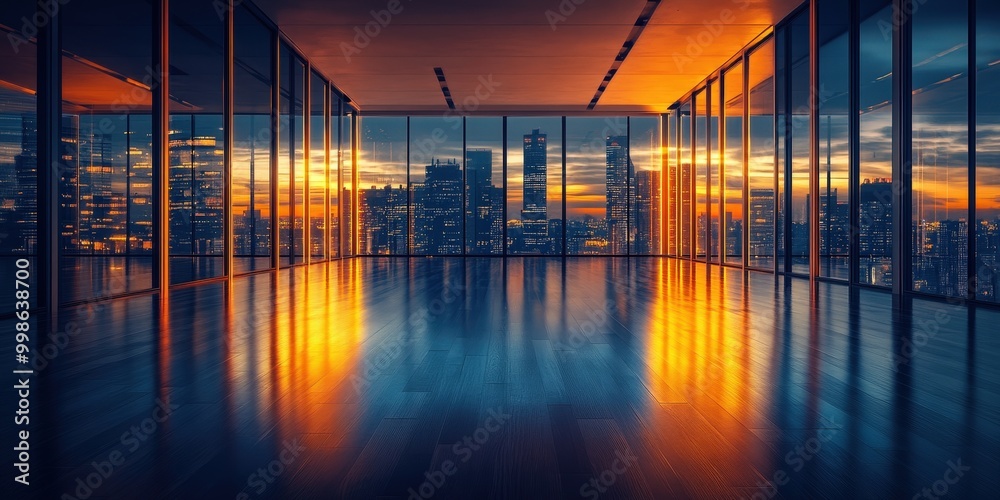 Modern Office Space with Evening City View Modern Office Space with Evening City View