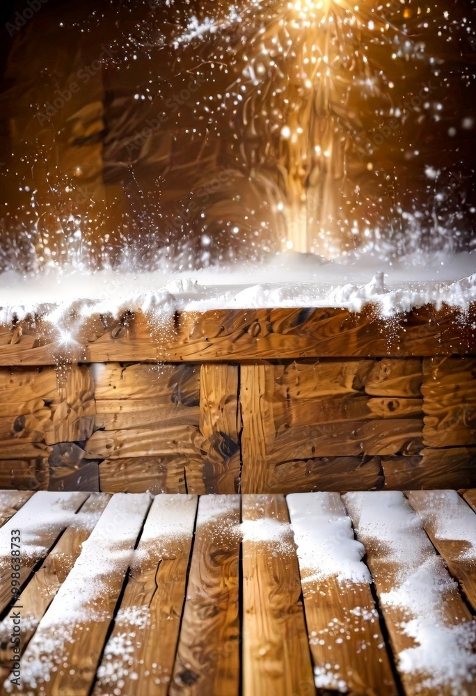 A wooden deck covered in snow, with a warm glow from a distant light source illuminating the scene A wooden deck covered in snow, with a warm glow from a distant light source illuminating the scene