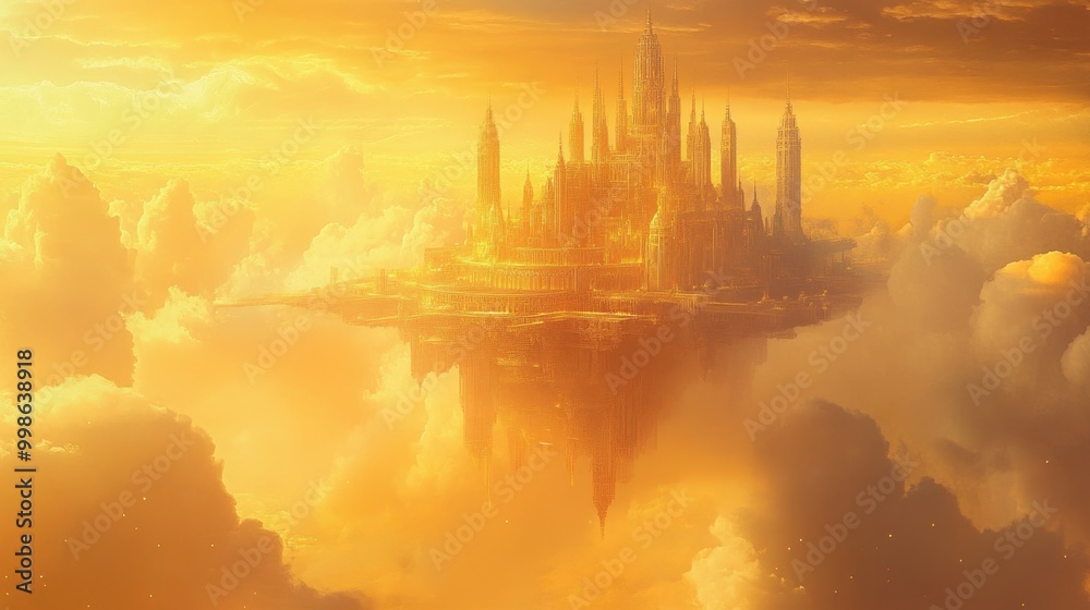 Naklejka premium A majestic palace floating in the sky, bathed in golden sunset rays, an abstract representation of the kingdom of heaven
