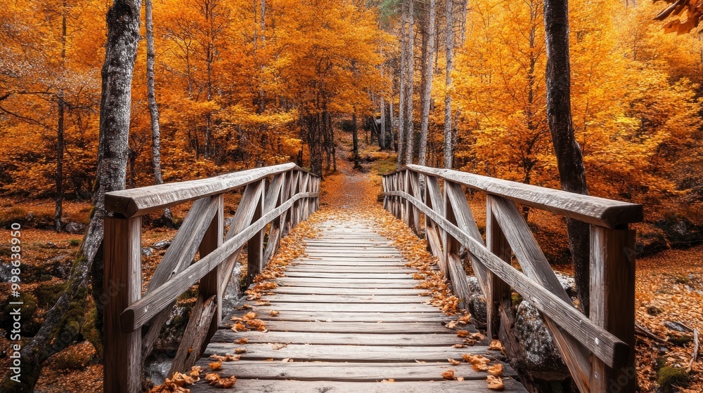 Wooden bridge leading through an autumn forest. Wooden bridge leading through an autumn forest.