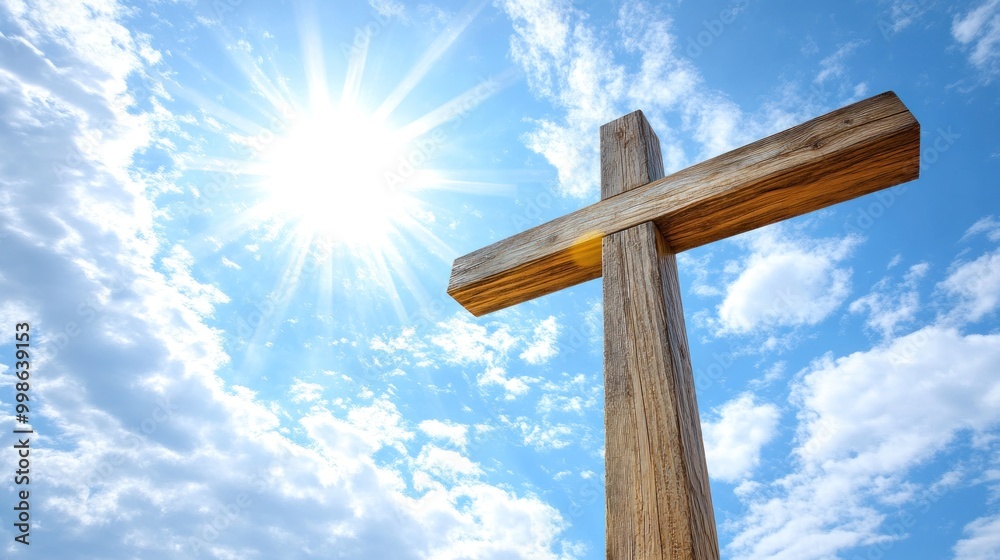 Wooden cross against a bright blue sky with fluffy white clouds. Wooden cross against a bright blue sky with fluffy white clouds.