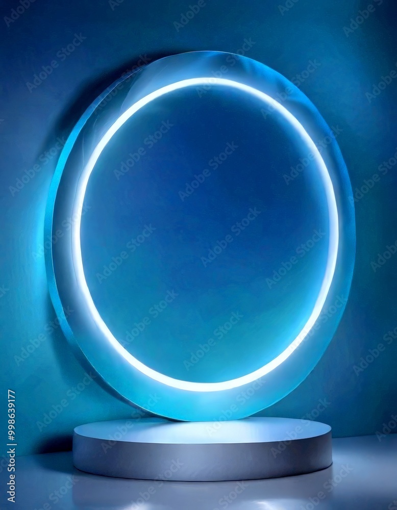 A circular platform with a glowing blue ring encircling it, set against a blue background A circular platform with a glowing blue ring encircling it, set against a blue background
