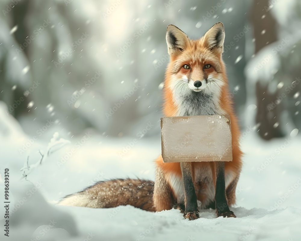 Fototapeta premium Fox Sitting in Snowy Forest Holding Blank Cardboard Sign