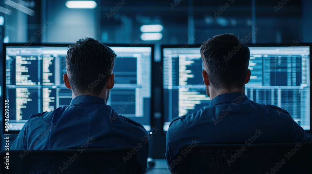 Cybersecurity professionals analyzing data on multiple screens, focused on their work. environment is modern and tech driven, highlighting importance of data security in todays digital age Cybersecurity professionals analyzing data on multiple screens, focused on their work. environment is modern and tech driven, highlighting importance of data security in todays digital age