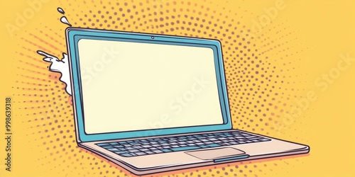 The laptop is open and the screen is blank Comic book style