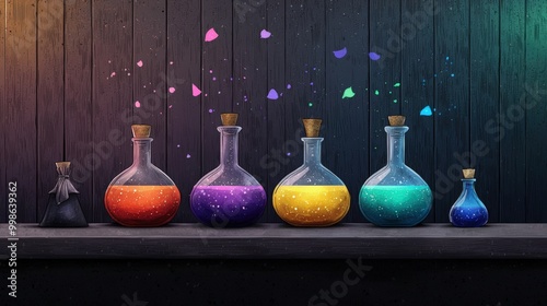 Colorful potion bottles on a wooden shelf, glowing liquids and magical sparkles.