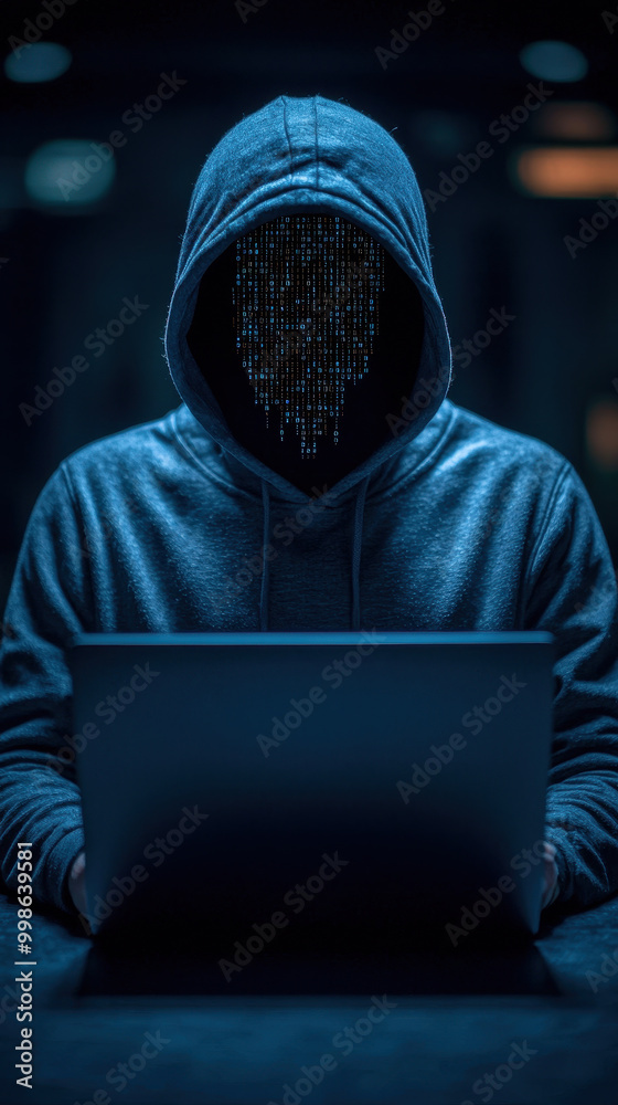 mysterious figure in dark room, wearing hooded sweatshirt, is focused on laptop. face is obscured by digital pattern, creating eerie atmosphere mysterious figure in dark room, wearing hooded sweatshirt, is focused on laptop. face is obscured by digital pattern, creating eerie atmosphere