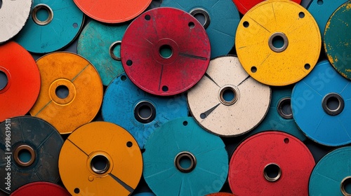 Colorful weight plates stacked together, creating a vibrant background. photo