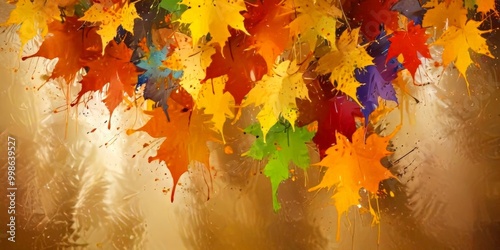 A vibrant display of autumn leaves in various shades of orange, yellow, green, and purple, with splashes of color and water droplets, creating a dynamic and visually photo