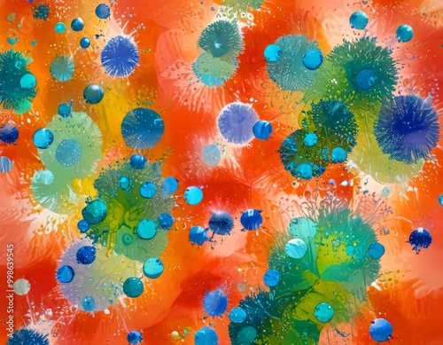 an abstract painting featuring a vibrant mix of blue, green, and orange colors, with various shapes and sizes of blue and green spheres scattered throughout photo