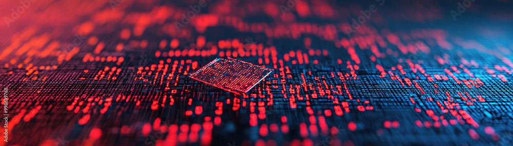 close up view of microchip on digital background filled with red binary code, symbolizing technology and cyber security. image evokes sense of innovation and digital advancement close up view of microchip on digital background filled with red binary code, symbolizing technology and cyber security. image evokes sense of innovation and digital advancement