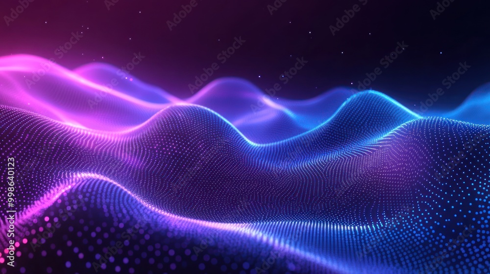 Abstract background with glowing purple and blue dots, creating a wavy, flowing pattern. Abstract background with glowing purple and blue dots, creating a wavy, flowing pattern.