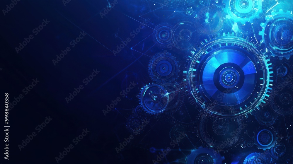 Abstract blue gears with glowing lights in a futuristic technology background. Abstract blue gears with glowing lights in a futuristic technology background.