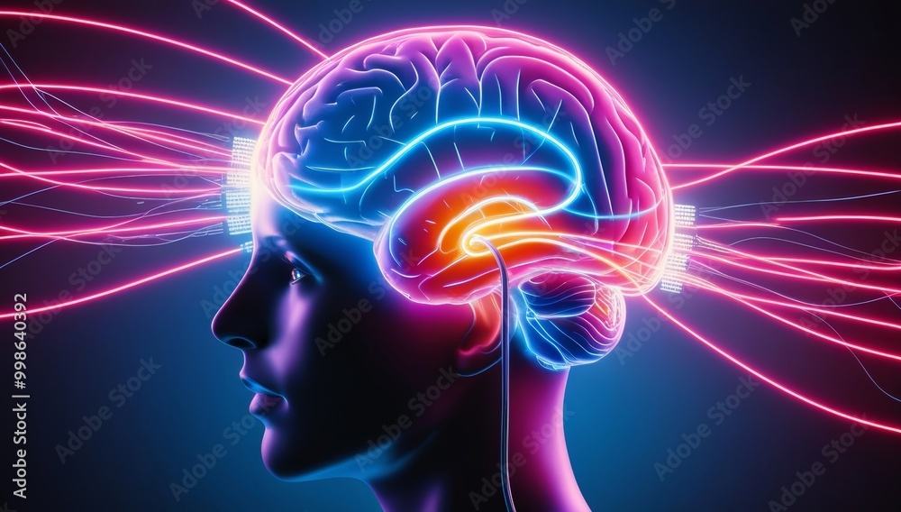 Human brain connected to digital interfaces, glowing neon data streams Human brain connected to digital interfaces, glowing neon data streams