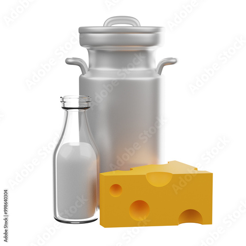 Milk container and Cheese 3D render cartoon icon 
