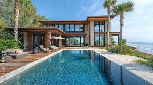 Modern beachfront home with a pool and palm trees.