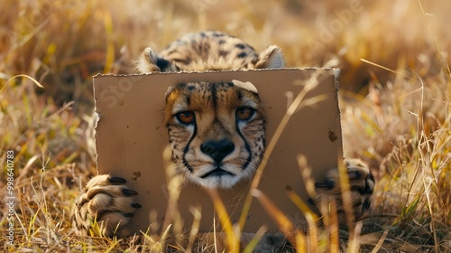 Cheetah Holding Blank Cardboard Sign in Grassy Field Intense Gaze Into the Distance photo