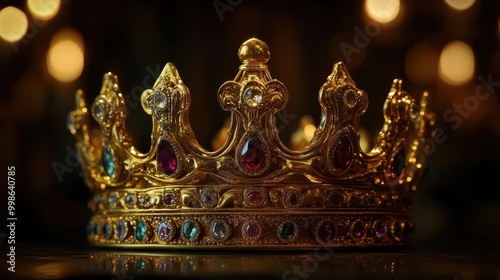 ornate golden crown with precious gems dramatic lighting regal backdrop symbol of authority and power