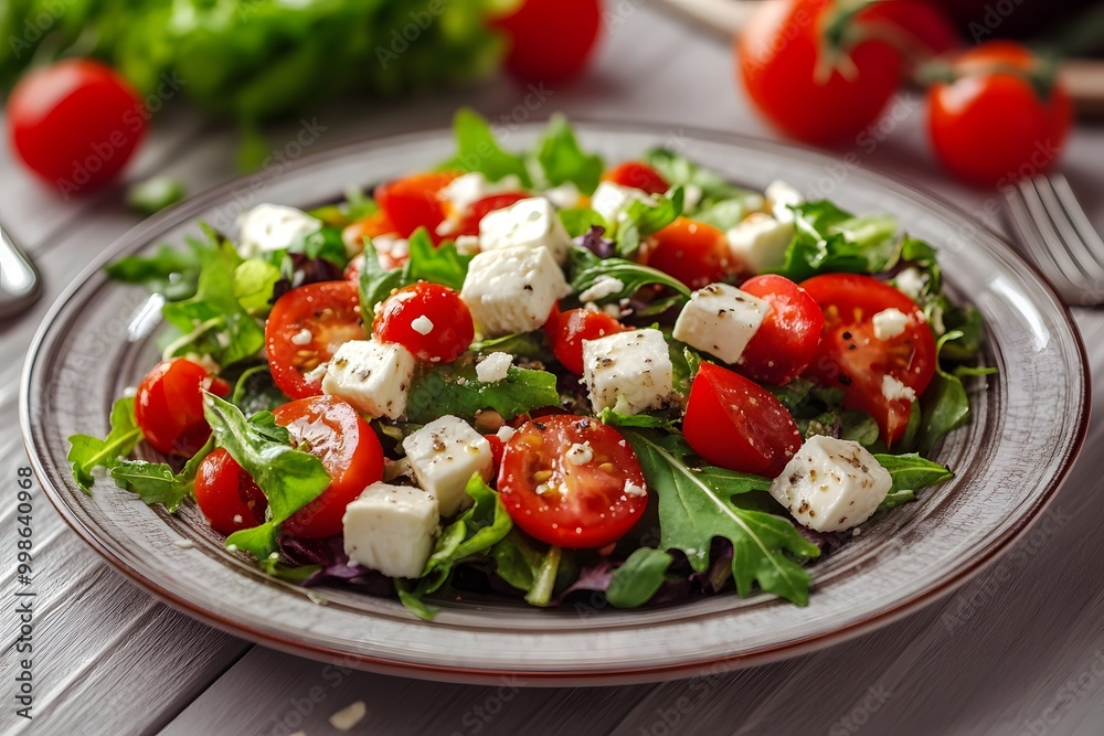 healthy and fresh salad full of tomatoes, cucumbers, feta cheese and other vegetables healthy and fresh salad full of tomatoes, cucumbers, feta cheese and other vegetables