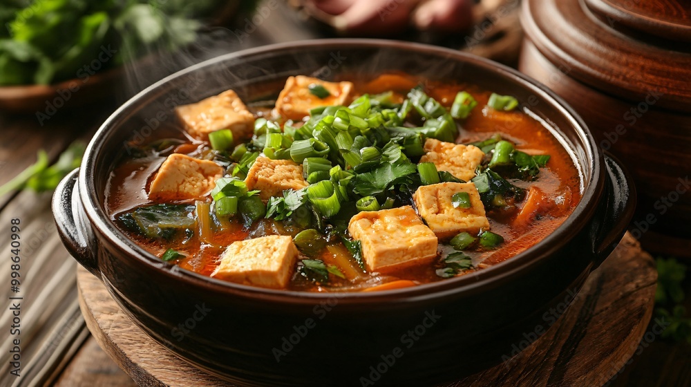 A vibrant bowl of soup featuring tofu, green onions, and vegetables, showcasing a delicious blend of flavors and textures. A vibrant bowl of soup featuring tofu, green onions, and vegetables, showcasing a delicious blend of flavors and textures.