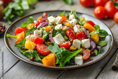 healthy and fresh salad full of tomatoes, cucumbers, feta cheese and other vegetables