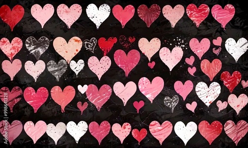 A grid of hearts in various shades of pink and red against a black background photo