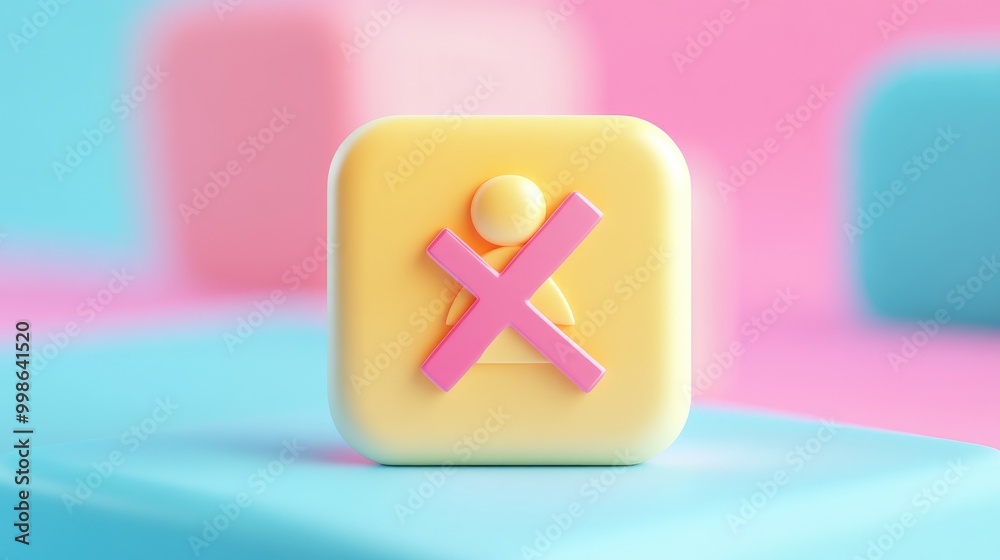 Fototapeta premium 3D rendered icon of a person with a cross through it, symbolizing exclusion, prohibition, or denial, on a colorful background.