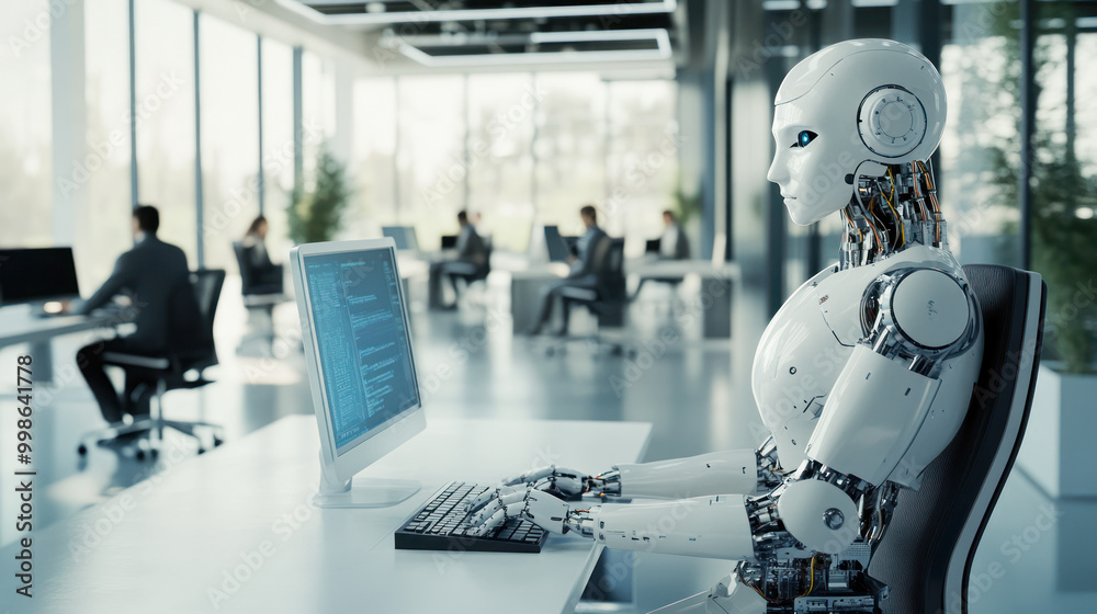 Artificial intelligence robots working at computer in a modern office, data center. People and artificial intelligence futuristic robot working together in office. AI assistant business helper concept Artificial intelligence robots working at computer in a modern office, data center. People and artificial intelligence futuristic robot working together in office. AI assistant business helper concept