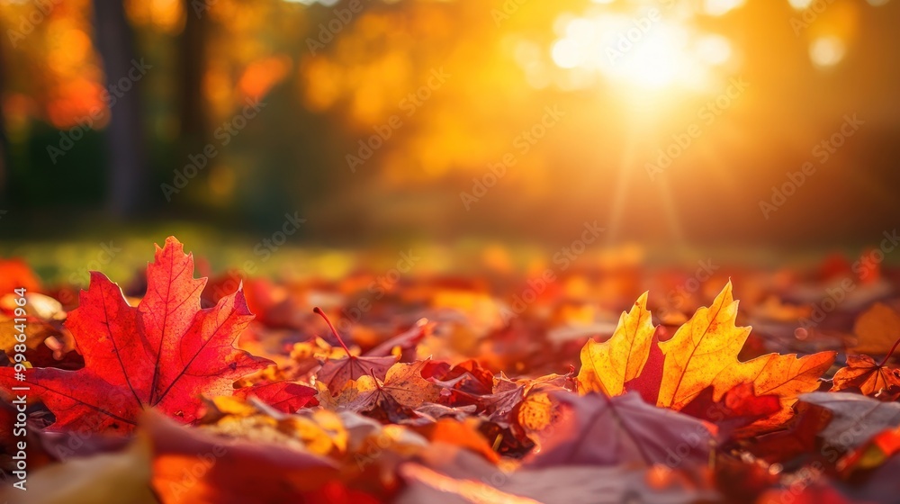 Close-up of colorful autumn leaves on the ground with a sunlit bokeh background. Close-up of colorful autumn leaves on the ground with a sunlit bokeh background.