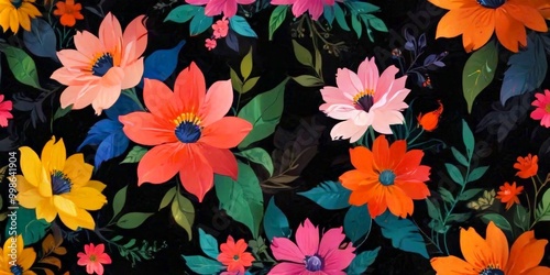 Wallpaper Mural A vibrant, repeating pattern of pink, orange, and yellow flowers with green leaves against a black background Torontodigital.ca